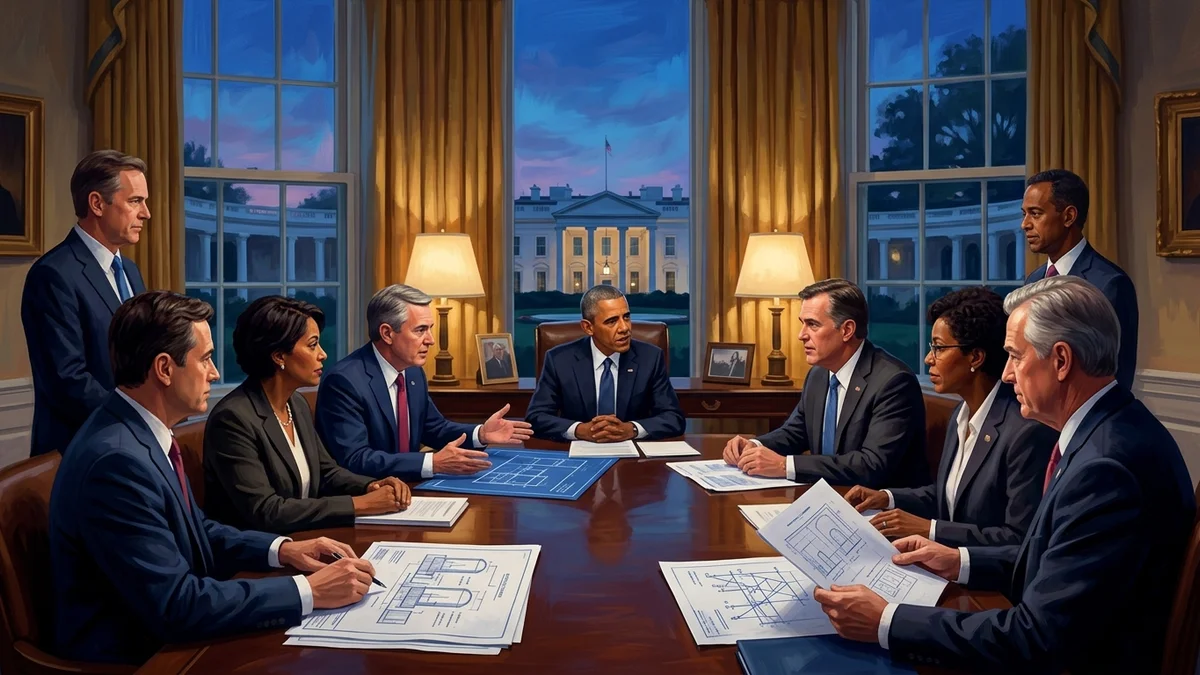 Visual editorial illustration of the White House and federal energy leaders reviewing blueprints for advanced nuclear reactors.