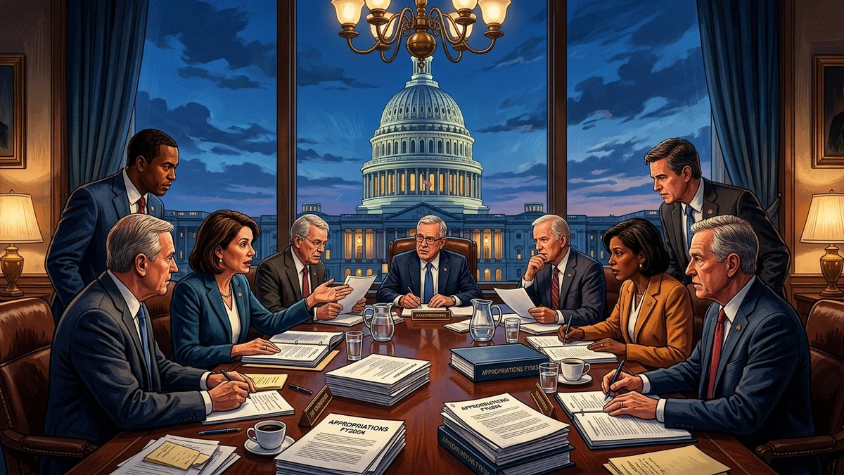 Conceptual editorial illustration of the United States Capitol dome representing bipartisan legislative budget negotiations.