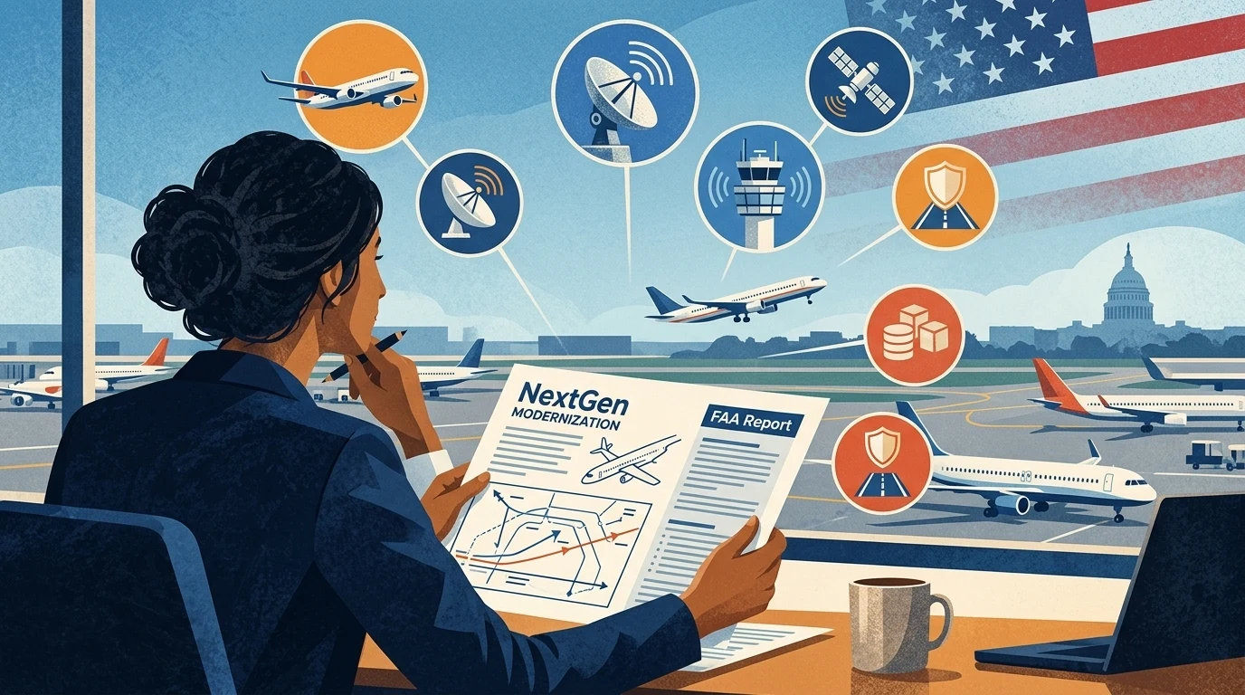 Conceptual editorial illustration for “FAA Unveils $12 Billion Next-Generation National Airspace Modernization Initiative.”