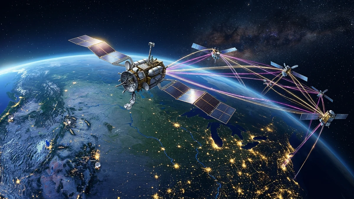 Visual editorial illustration of broadband telecom satellites deploying laser communication links in low-Earth orbit over the American continent.