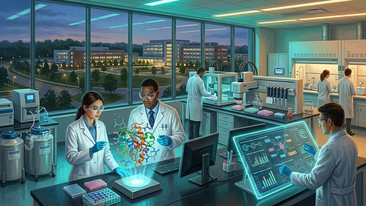 Visual editorial illustration of biotechnology researchers and clinical trials scientists at an advanced molecular research facility.