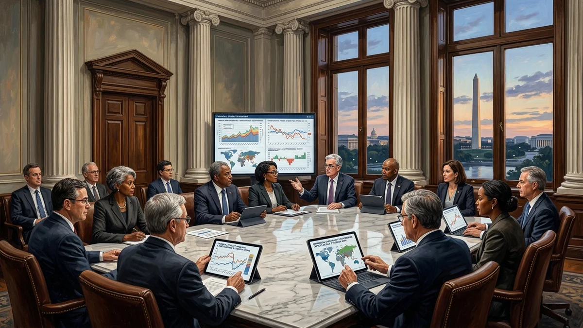 Visual editorial illustration of the Federal Reserve boardroom overlooking the Washington Monument during a financial policy meeting.