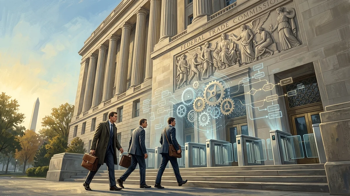 Visual editorial illustration of the Federal Trade Commission headquarters with corporate attorneys entering amid market network flowcharts.