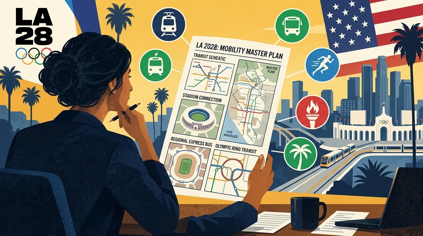 Conceptual editorial illustration for “Los Angeles Unveils Car-Free Transit Master Plan and Venue Transformations for 2028 Summer Games.”