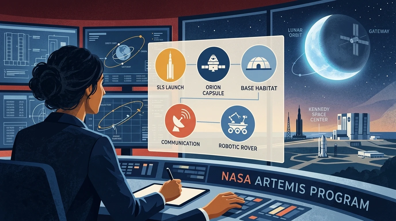 Conceptual editorial illustration for “NASA and Commercial Aerospace Partners Advance Key Milestones for Permanent Lunar Exploration Base.”