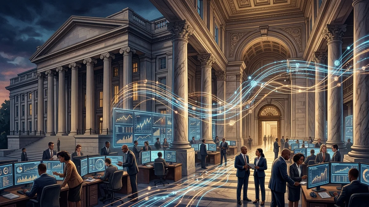 Conceptual editorial illustration of the U.S. Treasury and advanced cryptographic financial settlement infrastructure.