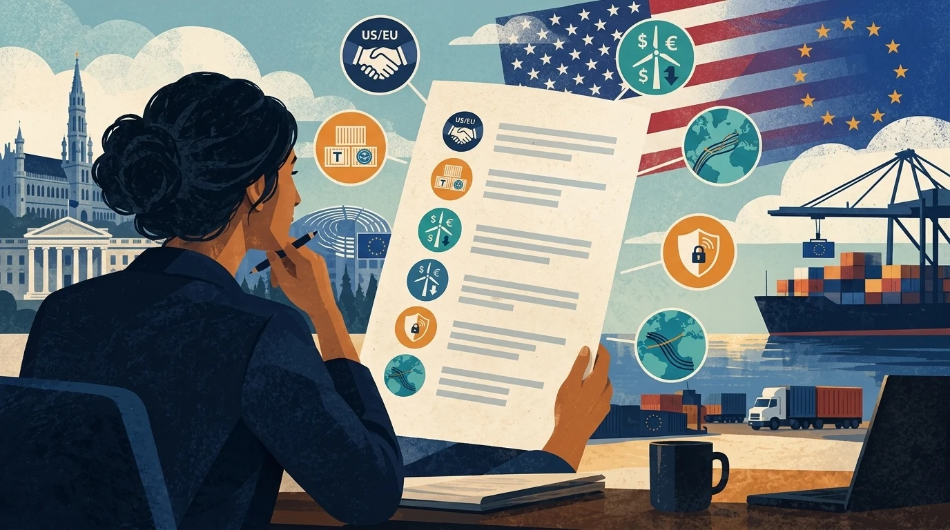 Conceptual editorial illustration for “United States and European Union Ratify Landmark Transatlantic Digital Trade and AI Governance Pact.”