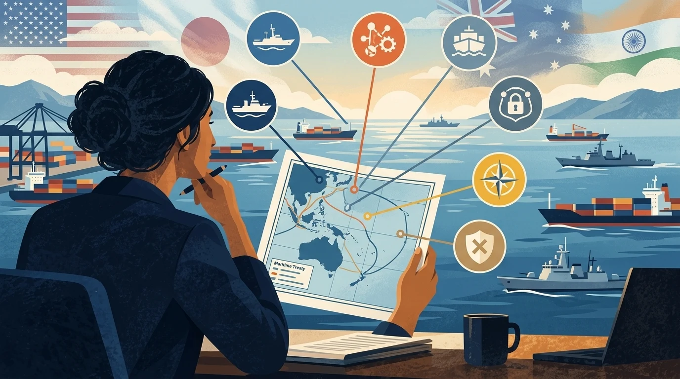 Conceptual editorial illustration for “United States and Indo-Pacific Allies Ratify Historic Maritime Supply Chain and Security Accord.”