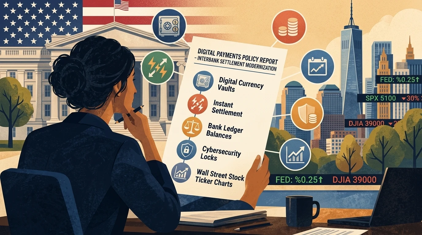Conceptual editorial illustration for “U.S. Treasury and Federal Reserve Unveil Standardized Rules for Instant Interbank Digital Settlements.”